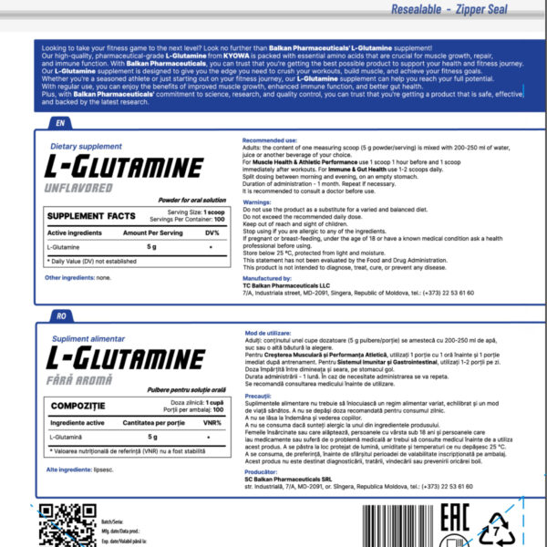 L-glutamina 500g BP eticheta